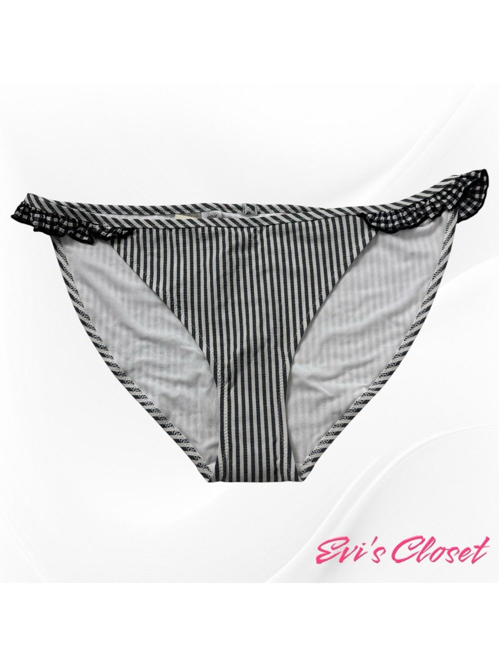 Aerie Seersucker Ruffle Bikini Bottom Gingham Plaid Stripe Gray White Sz M NWT